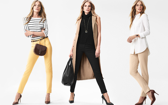 3 women styled in three different pants styles, one with a crewneck, one with a coat, one with a white button up shirt.